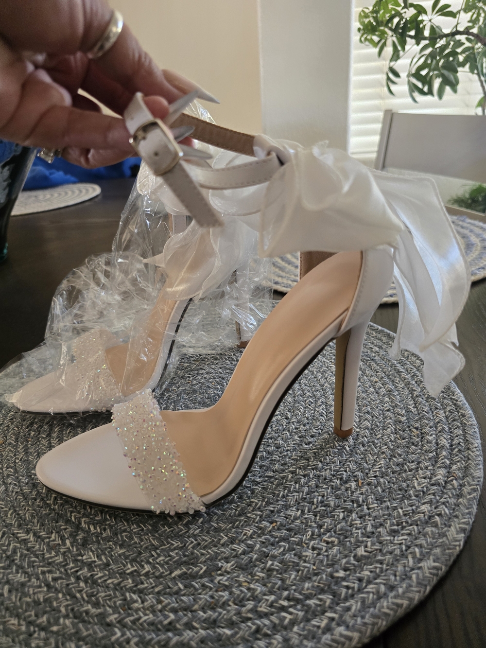 Elegant White Satin Bridal Heels with Crystal Strap